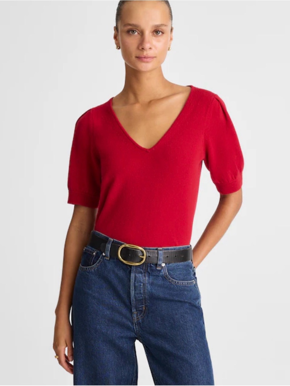 MADEWELL L V-Neck Puff-Sleeve Sweater Tee in Cashmere NT005 $148